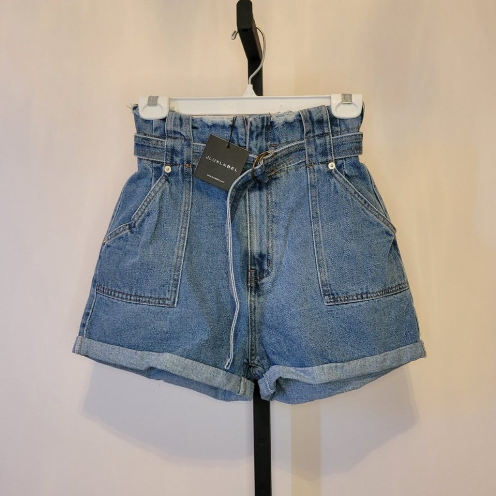 JLUX High Waisted Denim  Belted Distressed Shorts - Picture 2 of 7